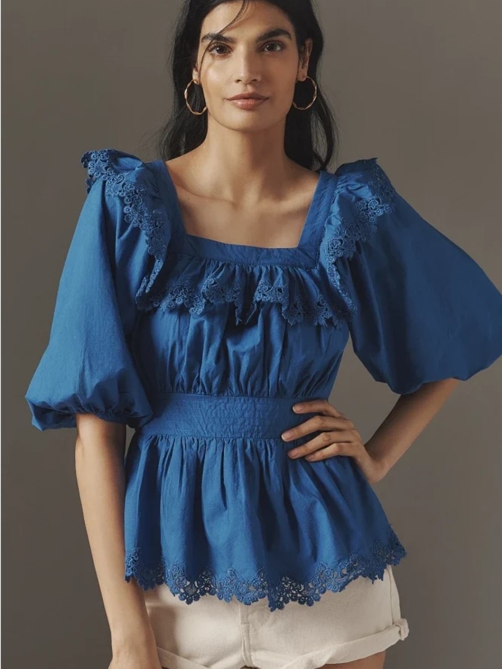 Anthropologie Maeve Ruffle Peplum Eyelet Blouse Puff Sleeve Size Medium Cotton